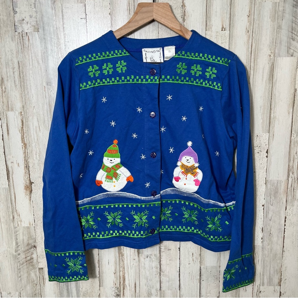 Vtg Y2K Michael Simon‎ Christmas Snowman Blue Cardigan Sweater Womens Medium